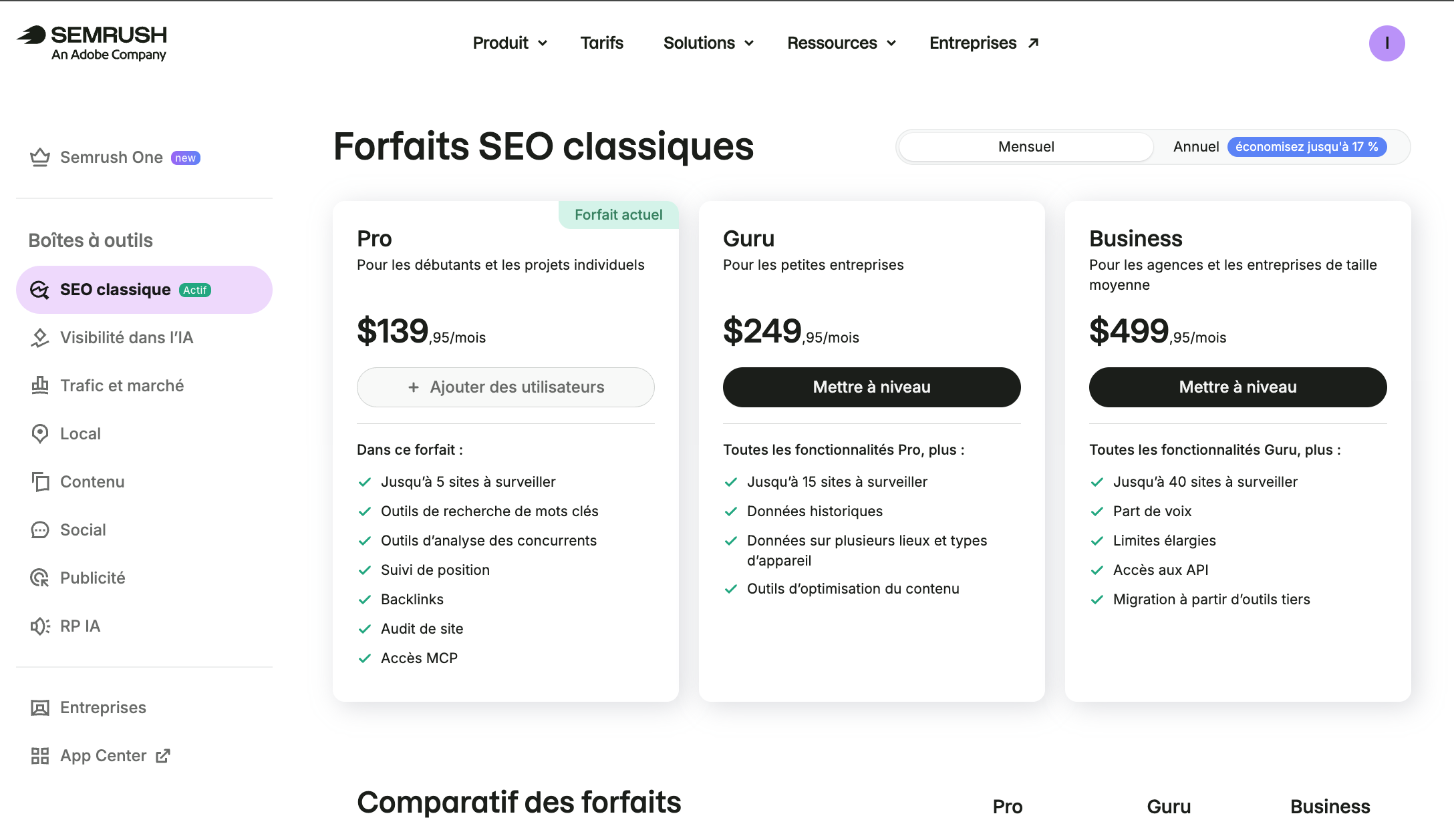 Semrush prix 2026 : tous les tarifs et abonnements détaillés 1 Capture d'écran des tarifs et abonnements Semrush 2026
