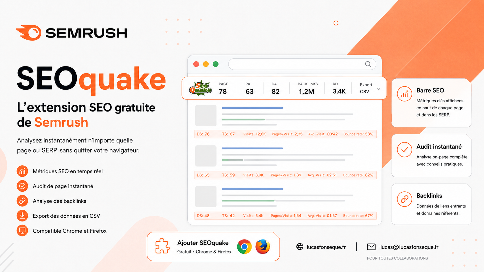 Extension Semrush (SEOQuake) : l'outil SEO gratuit dans votre navigateur 1 SEOQuake, l'extension SEO gratuite de Semrush dans le navigateur