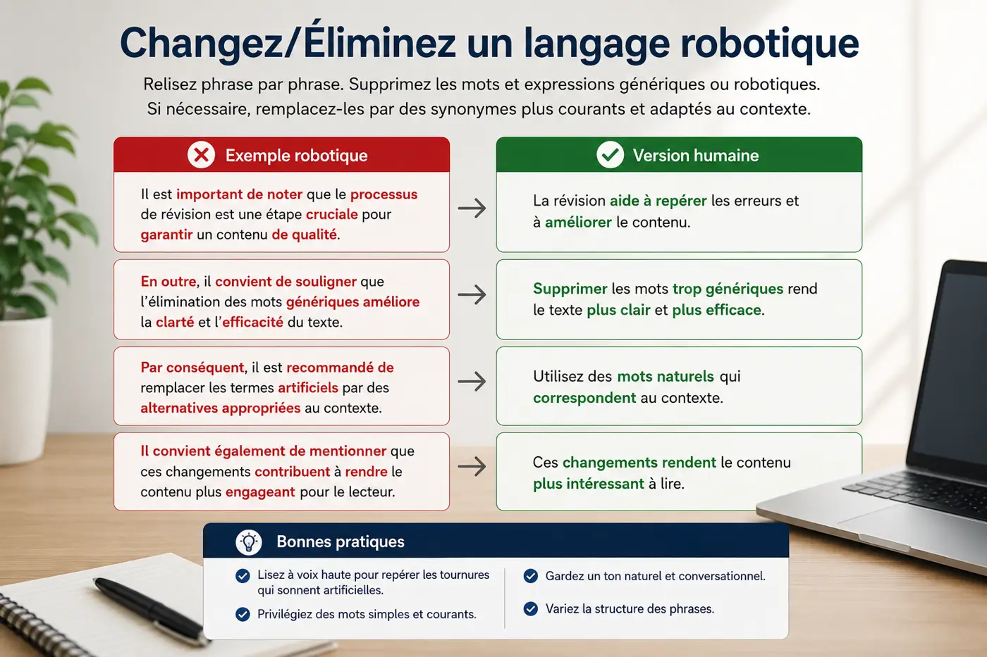 Techniques efficaces pour humaniser le contenu généré par ChatGPT 2 Exemples avant/après pour éliminer le langage robotique d'un texte généré par IA