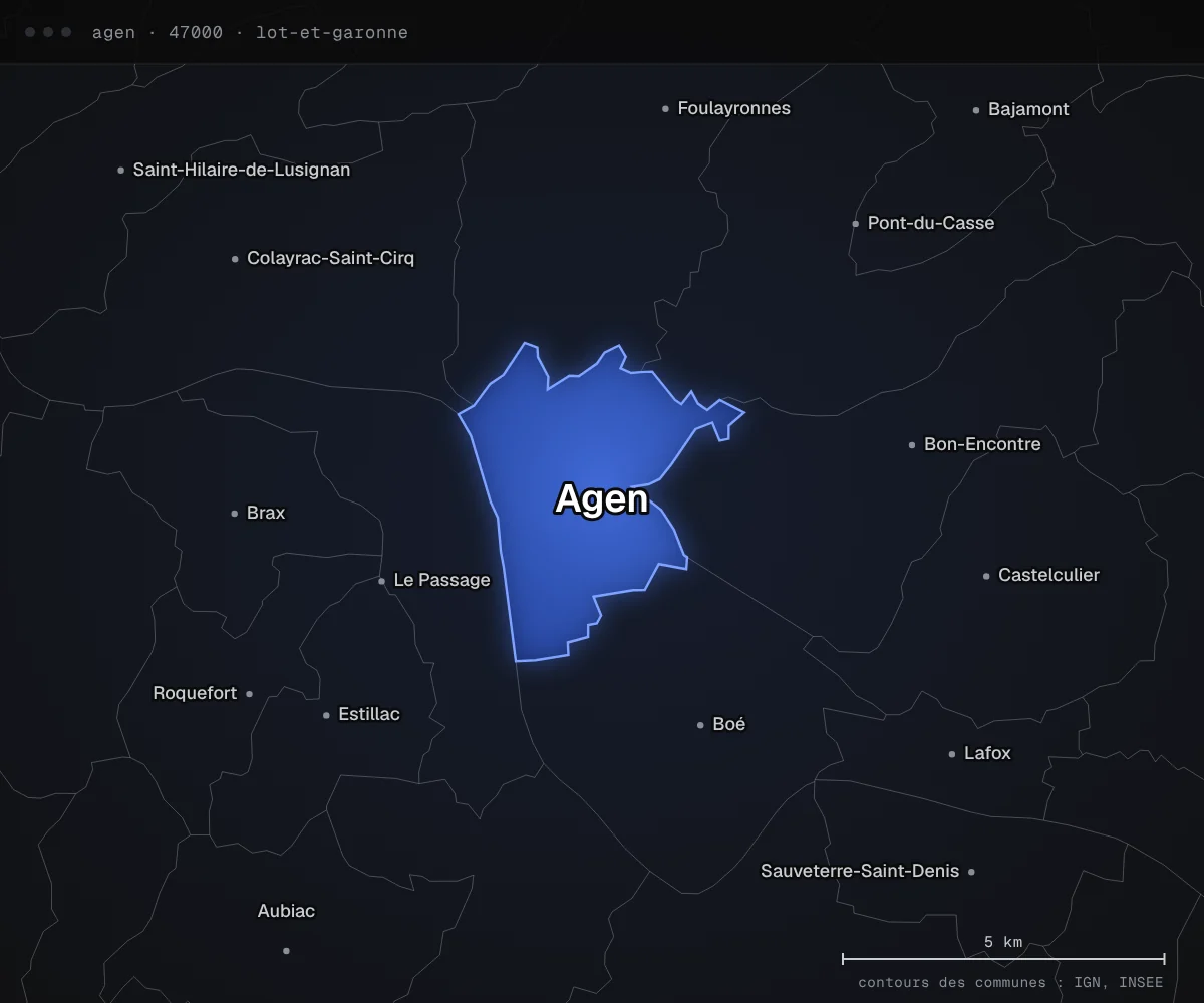 Carte d’Agen et des communes voisines, dans le département du Lot-et-Garonne