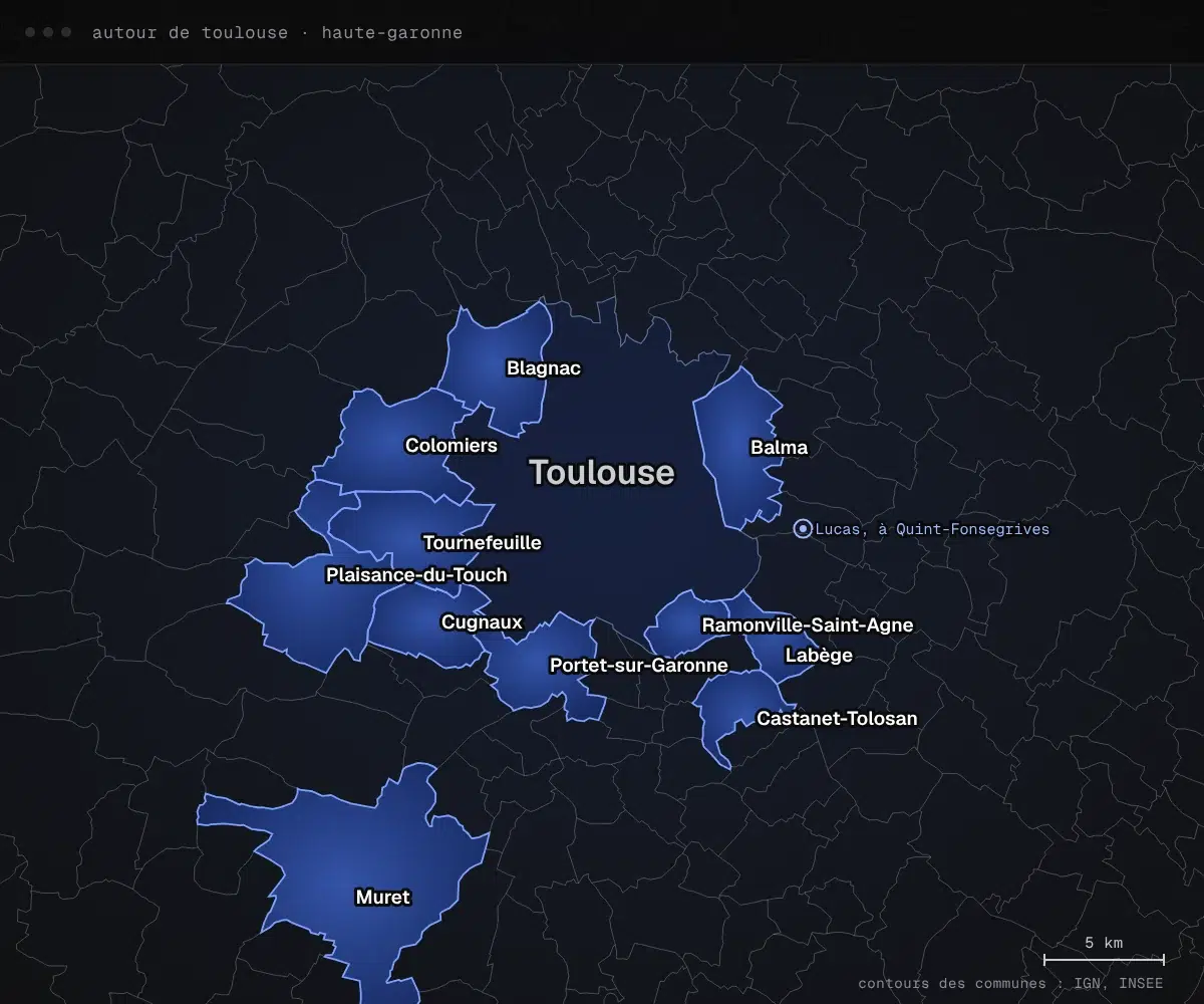 Carte des communes autour de Toulouse&nbsp;: Colomiers, Blagnac, Tournefeuille, Balma, Muret et leurs voisines