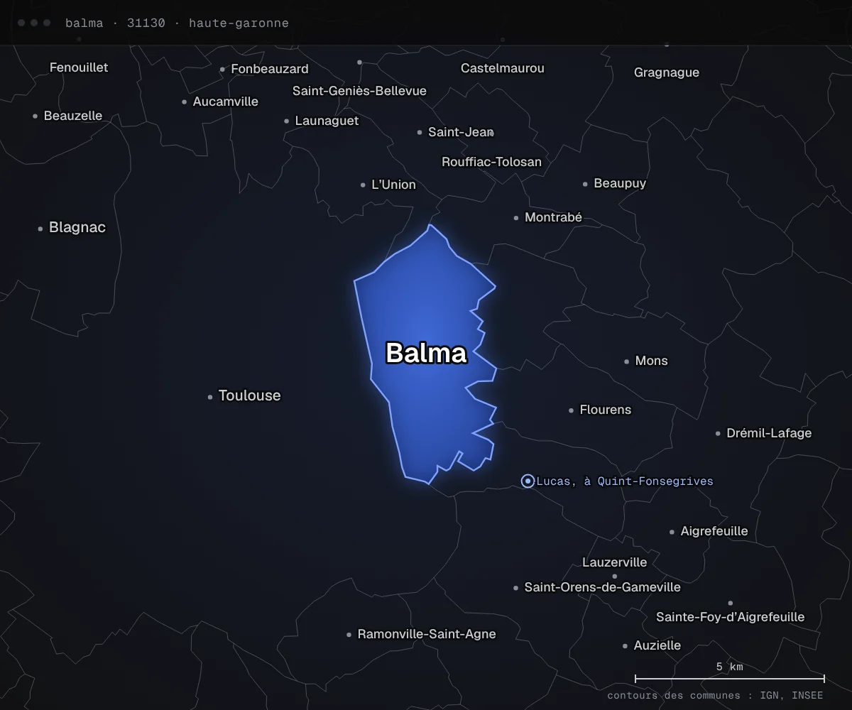 Carte de Balma et des communes voisines, dans le département de la Haute-Garonne