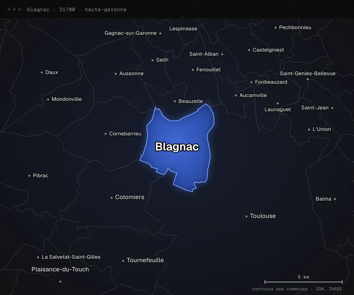Carte de Blagnac et des communes voisines, dans le département de la Haute-Garonne