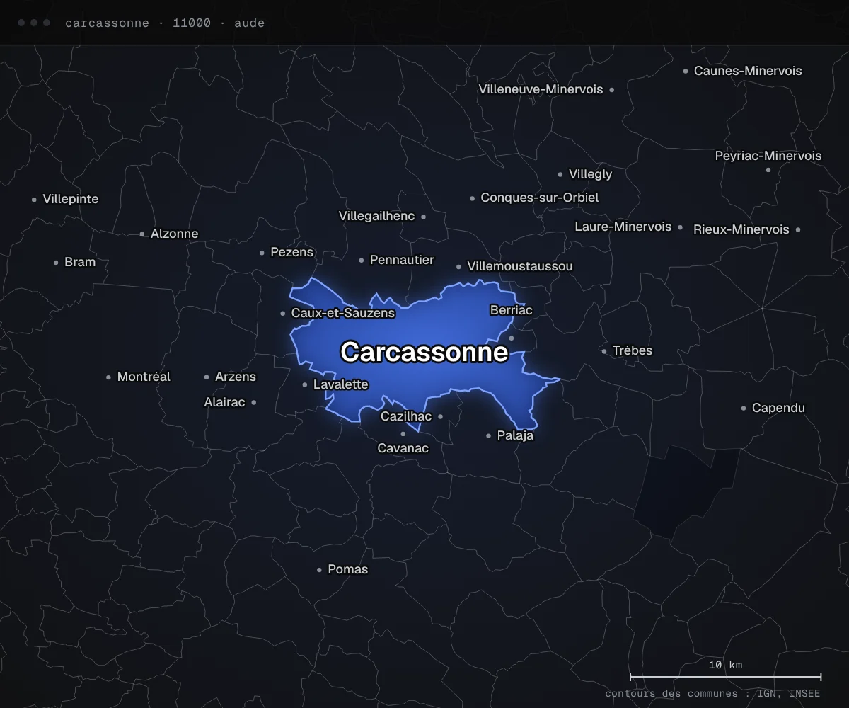 Carte de Carcassonne et des communes voisines, dans le département de l’Aude