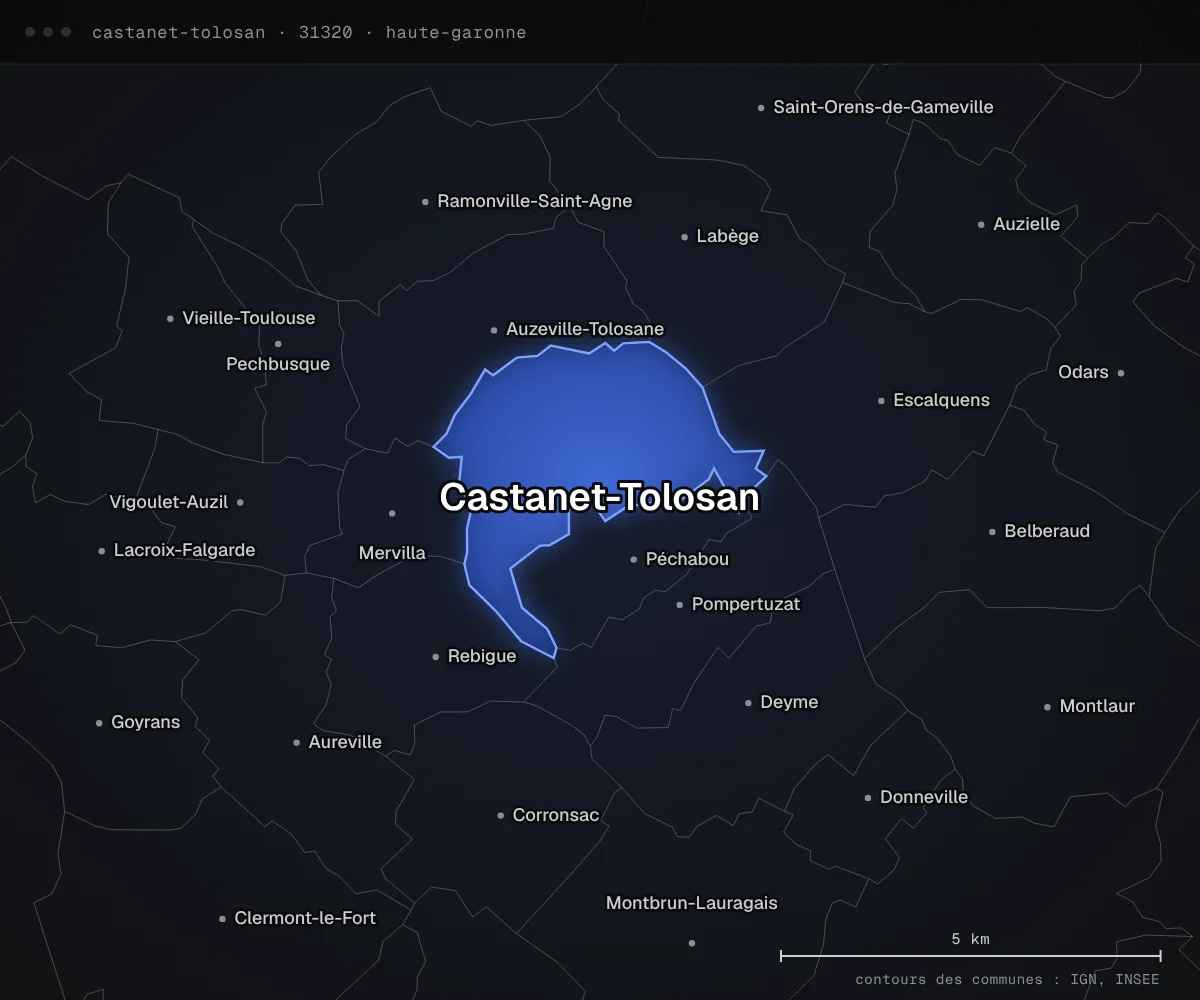 Carte de Castanet-Tolosan et des communes voisines, dans le département de la Haute-Garonne