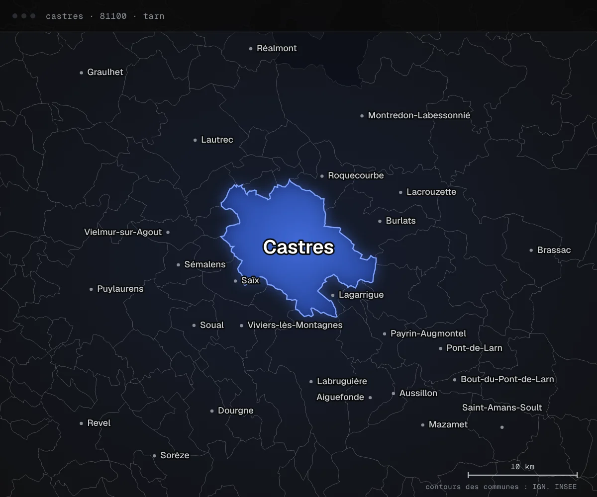 Carte de Castres et des communes voisines, dans le département du Tarn