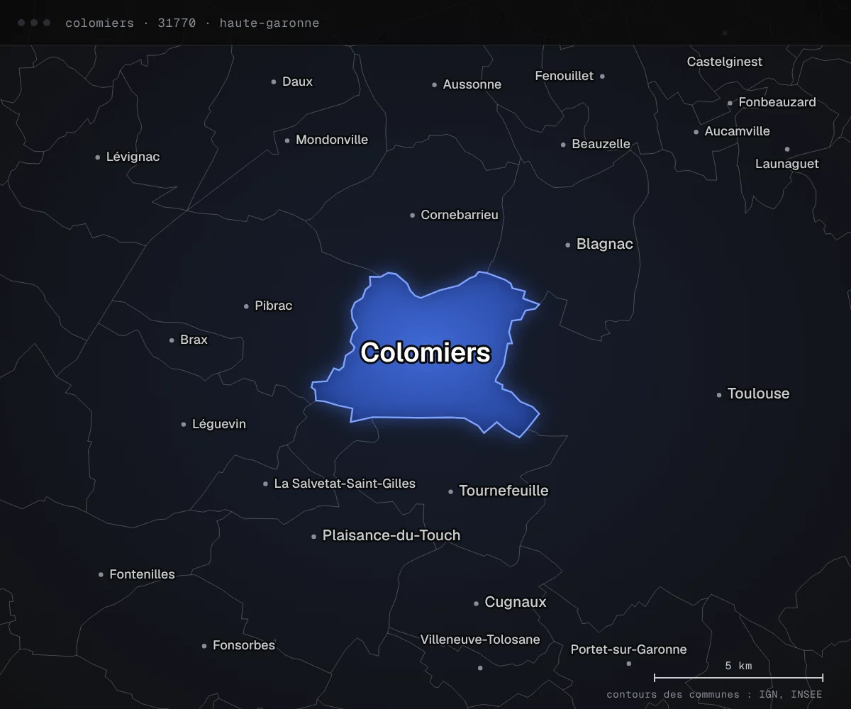Carte de Colomiers et des communes voisines, dans le département de la Haute-Garonne