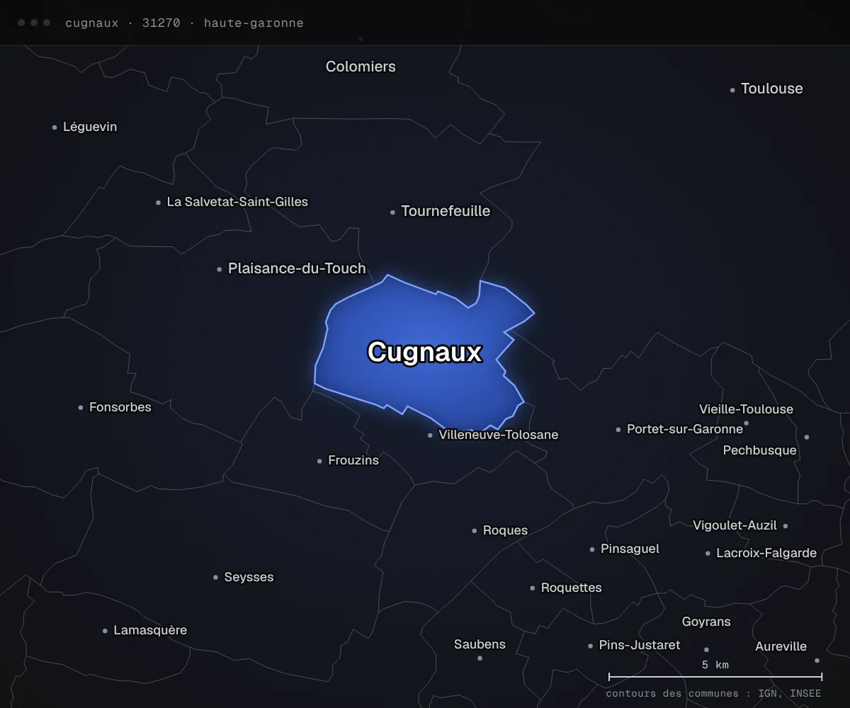 Carte de Cugnaux et des communes voisines, dans le département de la Haute-Garonne