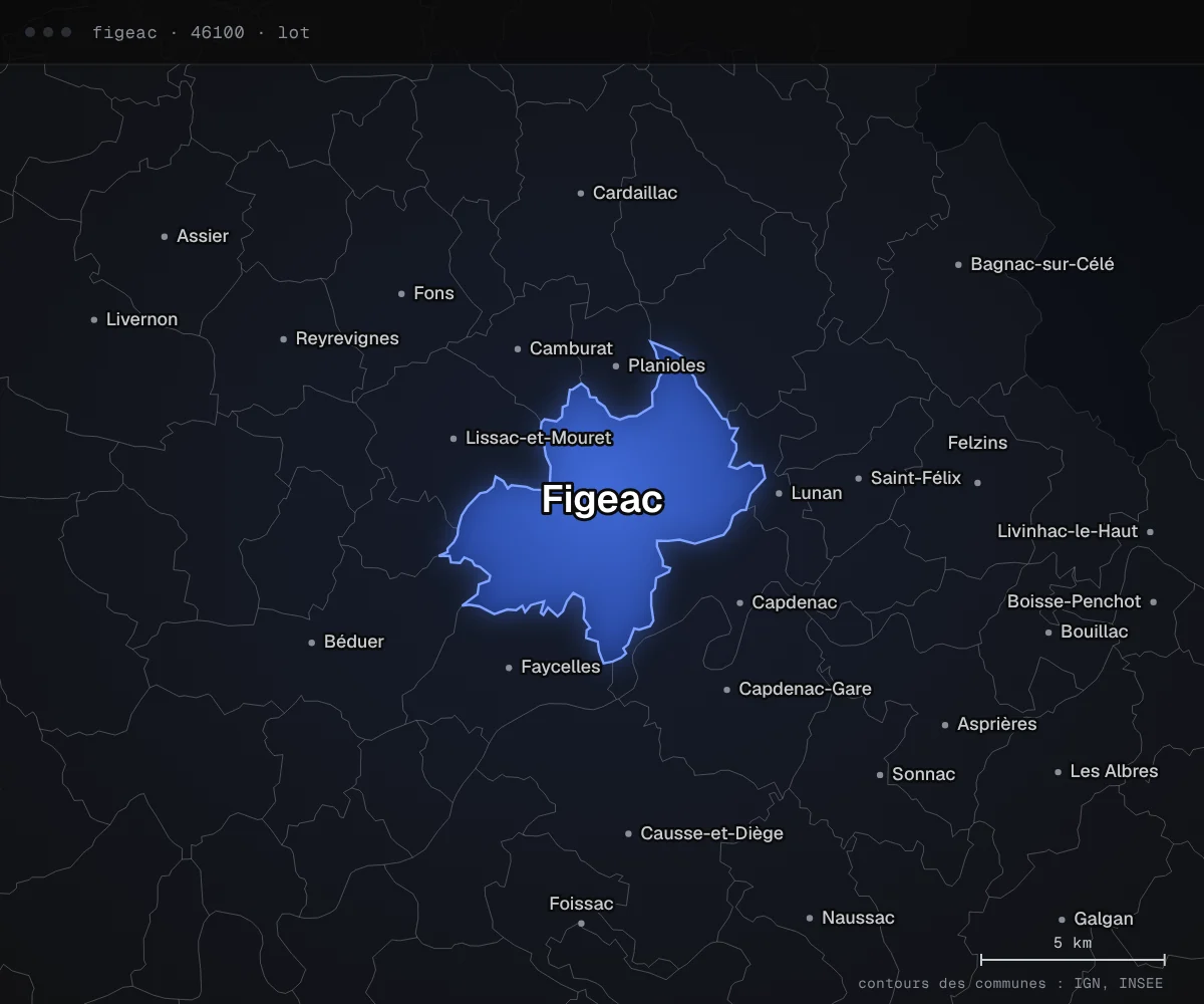 Carte de Figeac et des communes voisines, dans le département du Lot