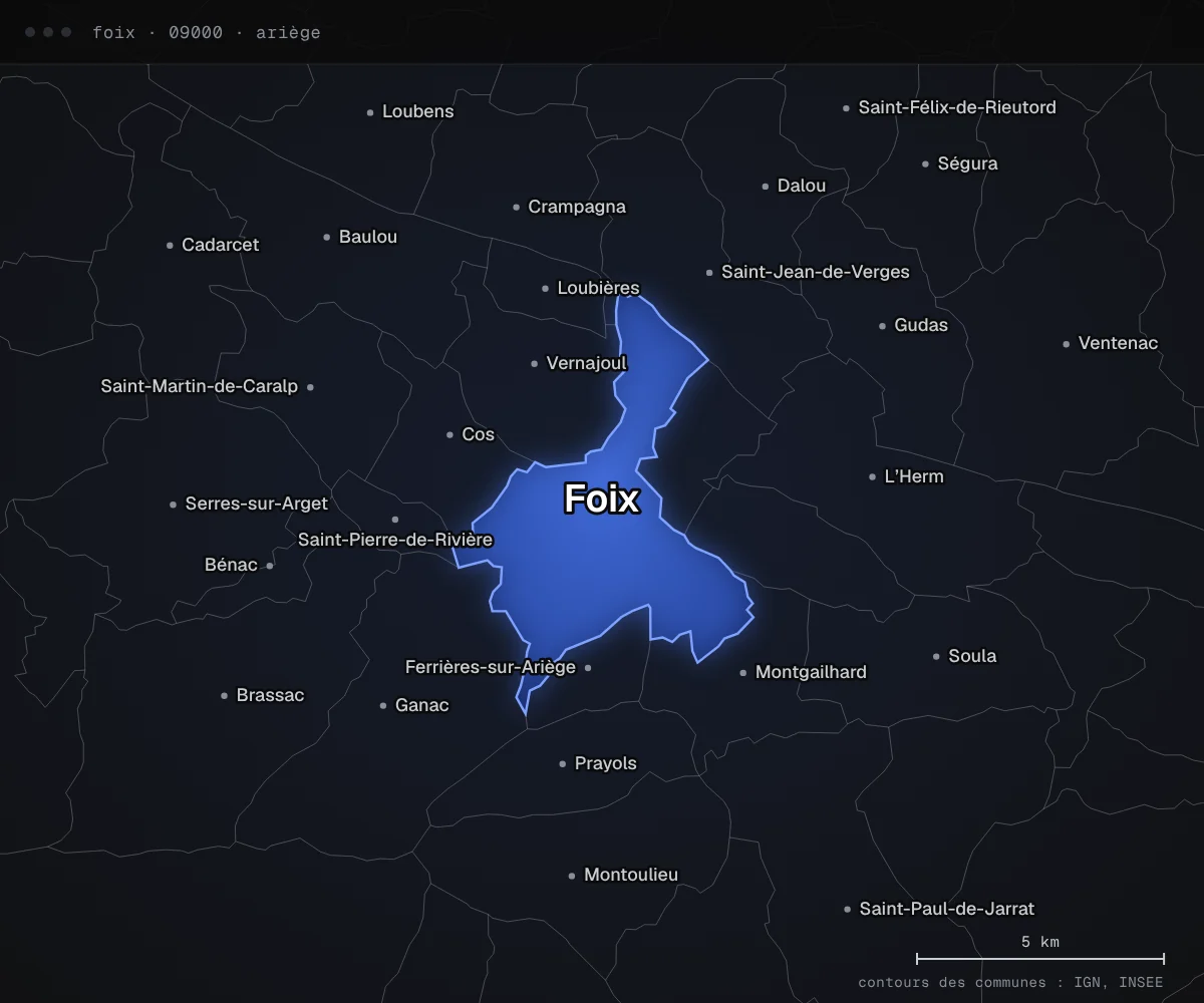 Carte de Foix et des communes voisines, dans le département de l’Ariège