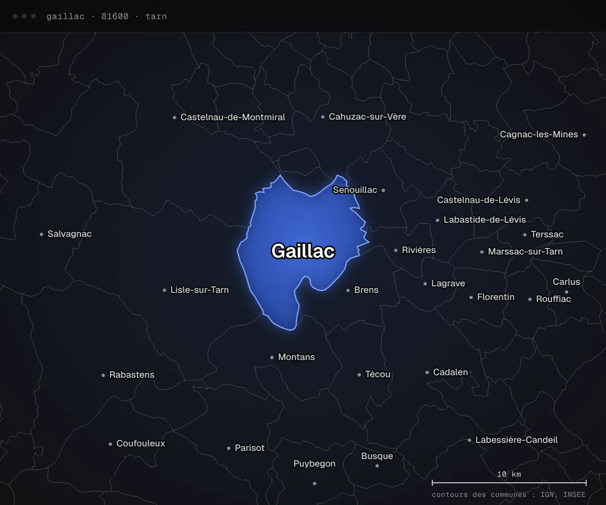 Carte de Gaillac et des communes voisines, dans le département du Tarn