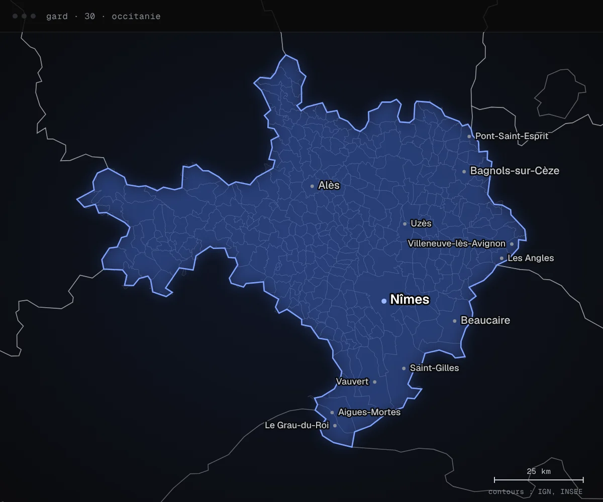 Carte du département du Gard avec ses principales villes