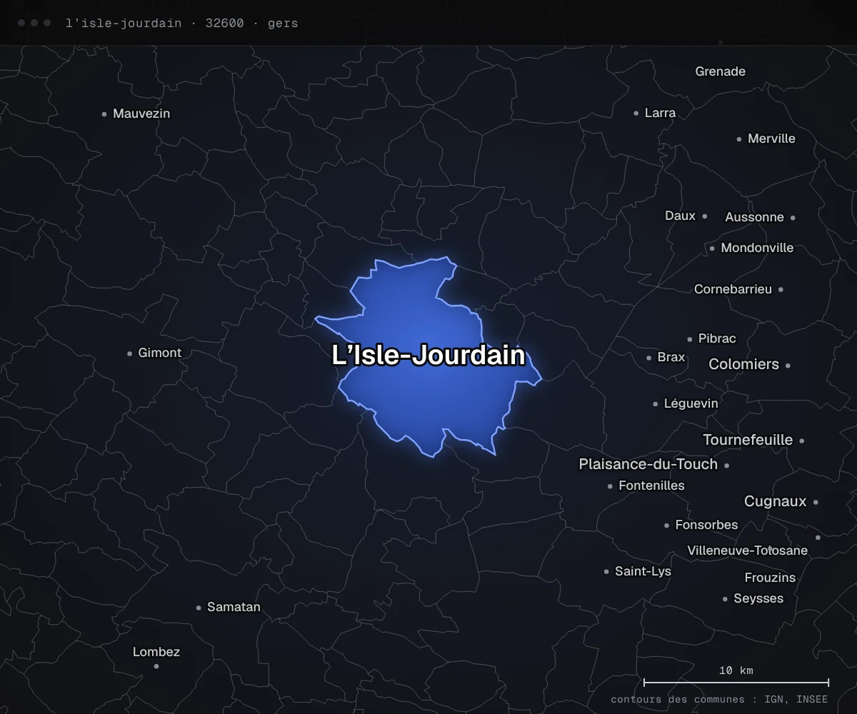 Carte de L’Isle-Jourdain et des communes voisines, dans le département du Gers