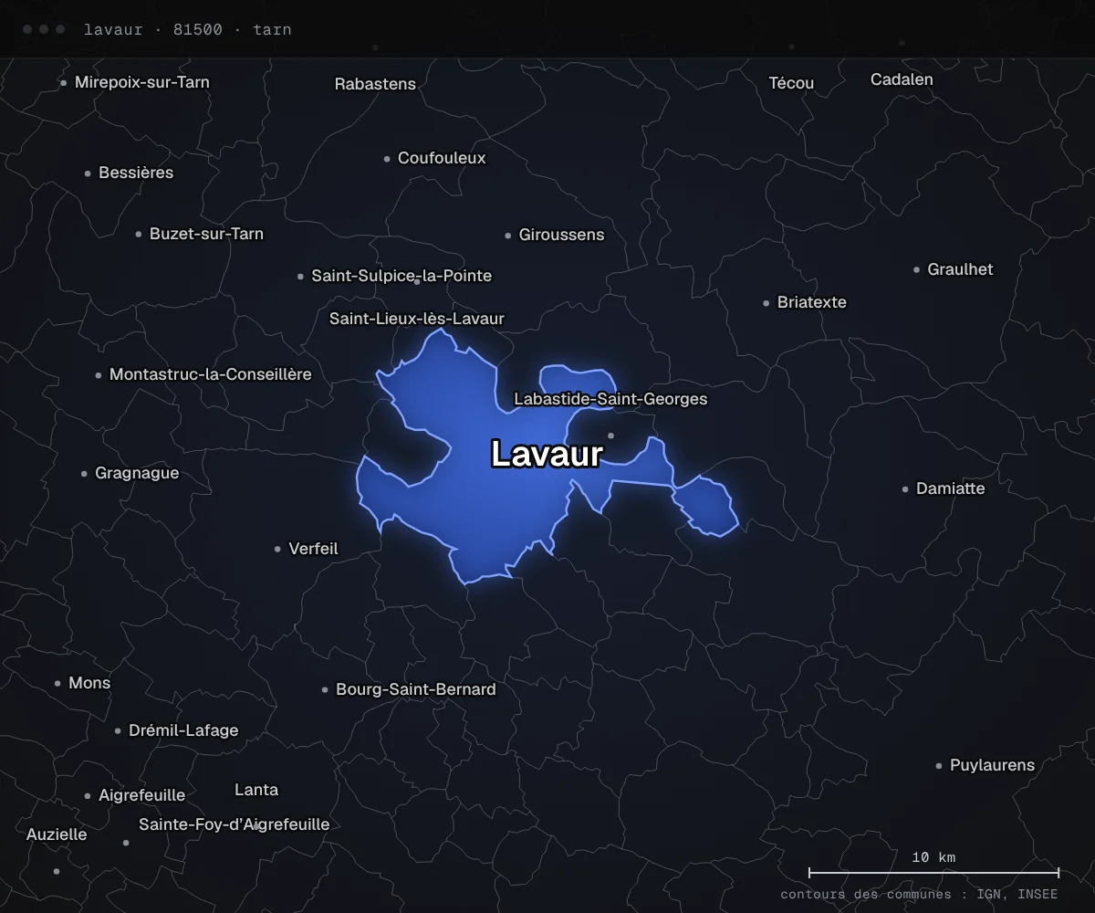 Carte de Lavaur et des communes voisines, dans le département du Tarn