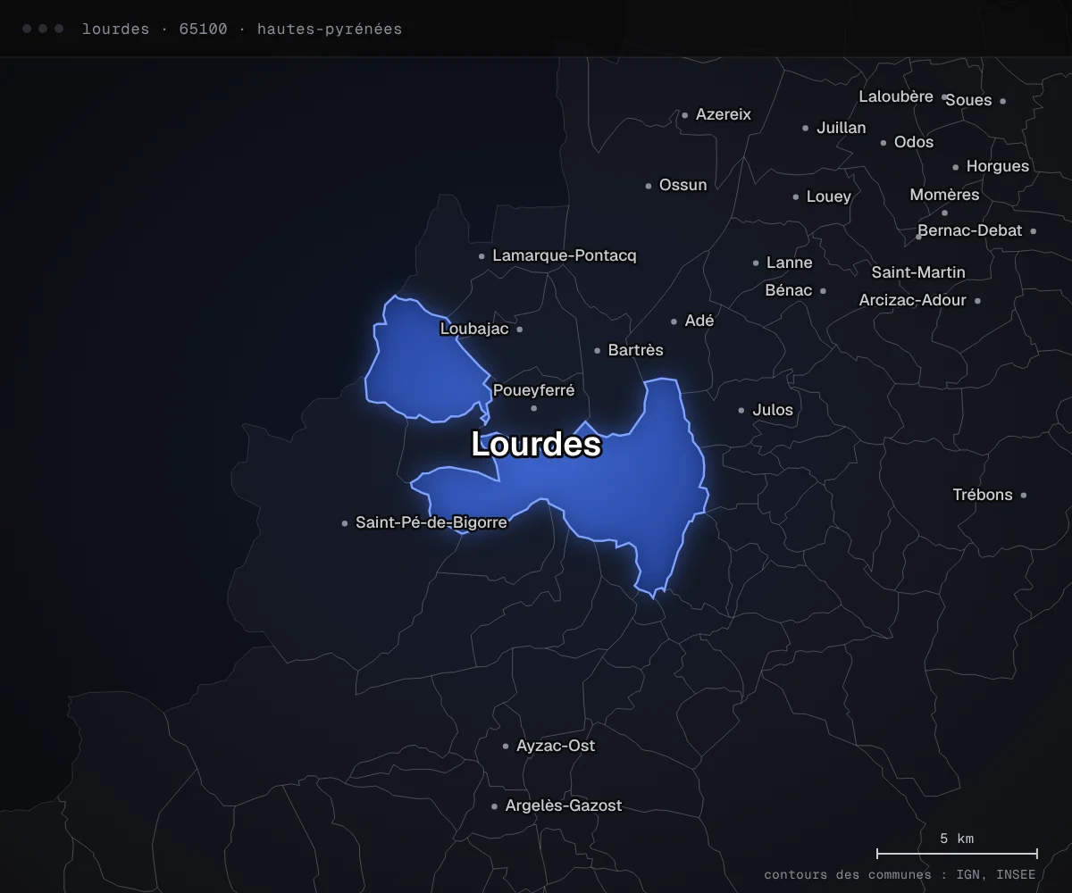Carte de Lourdes et des communes voisines, dans le département des Hautes-Pyrénées