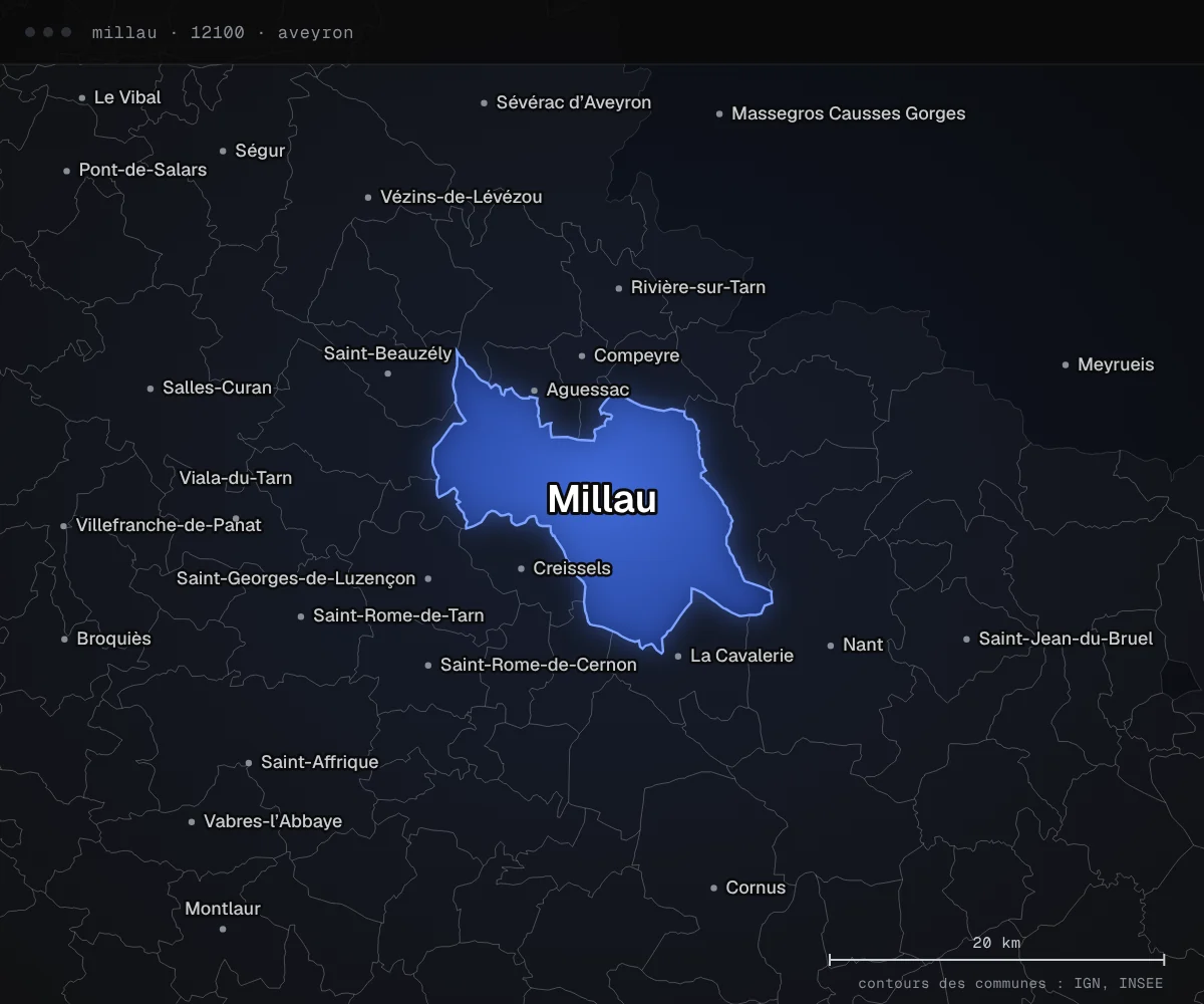 Carte de Millau et des communes voisines, dans le département de l’Aveyron