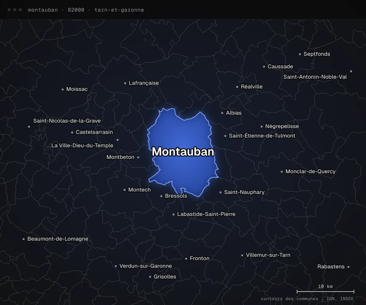 Carte de Montauban et des communes voisines, dans le département du Tarn-et-Garonne