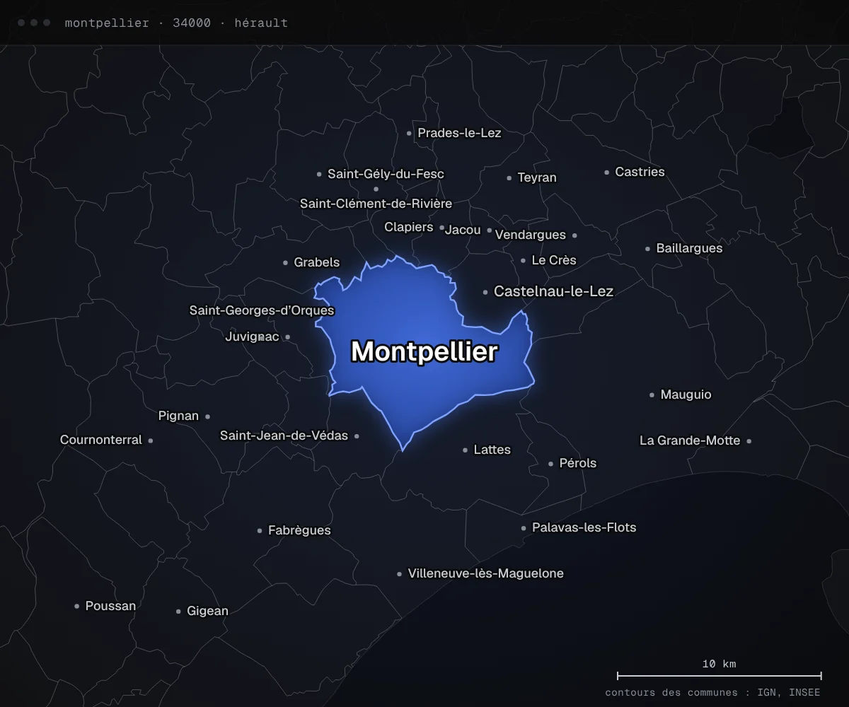 Carte de Montpellier et des communes voisines, dans le département de l’Hérault