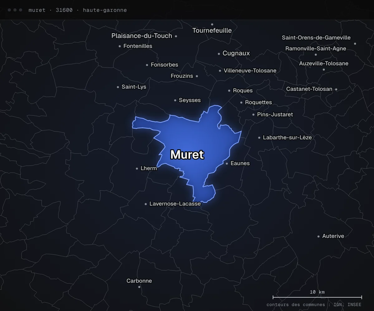 Carte de Muret et des communes voisines, dans le département de la Haute-Garonne