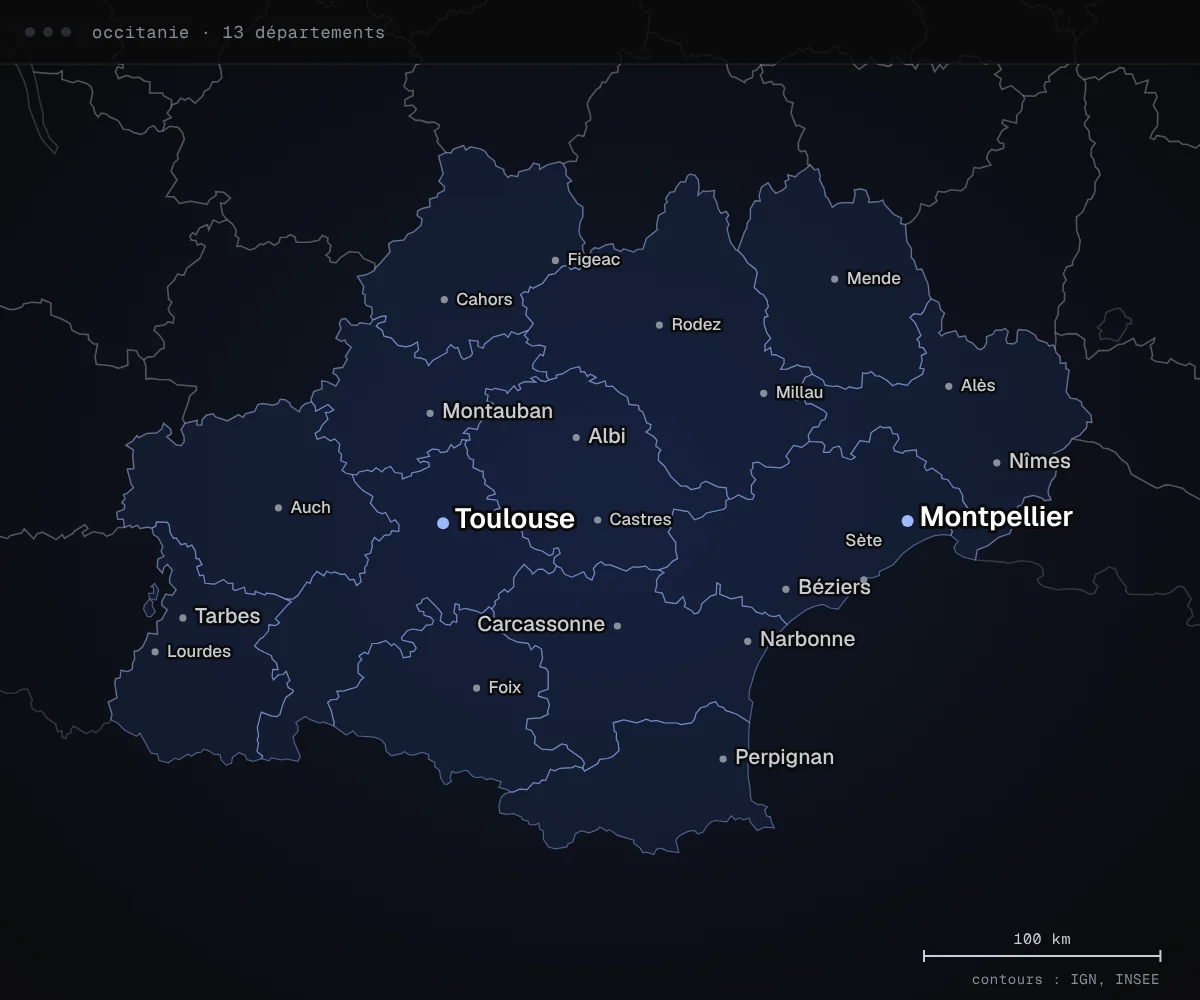Carte de l’Occitanie et de ses 13 départements, avec leurs principales villes