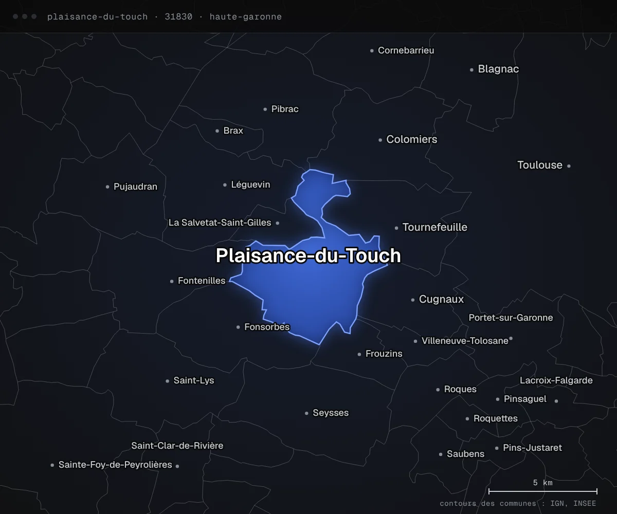 Carte de Plaisance-du-Touch et des communes voisines, dans le département de la Haute-Garonne