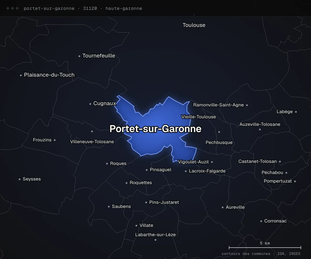 Carte de Portet-sur-Garonne et des communes voisines, dans le département de la Haute-Garonne