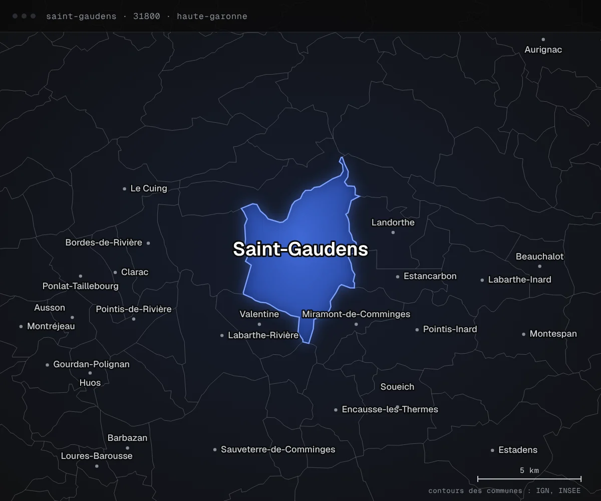 Carte de Saint-Gaudens et des communes voisines, dans le département de la Haute-Garonne