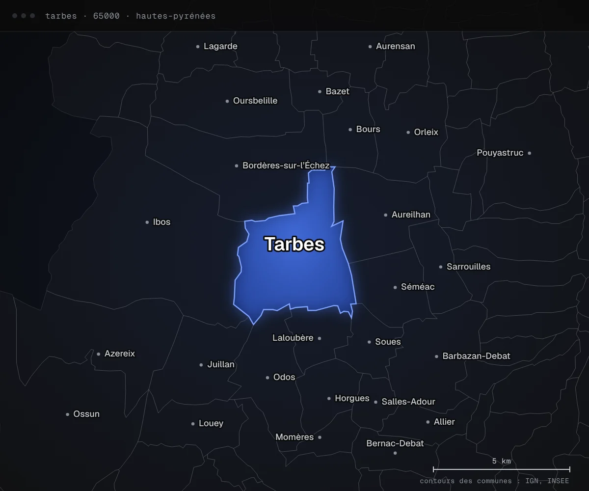 Carte de Tarbes et des communes voisines, dans le département des Hautes-Pyrénées