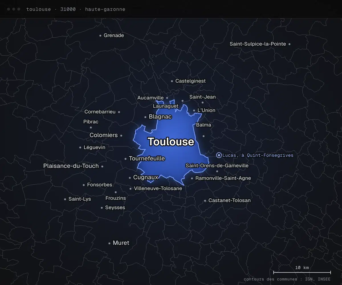 Carte de Toulouse et des communes voisines, dans le département de la Haute-Garonne