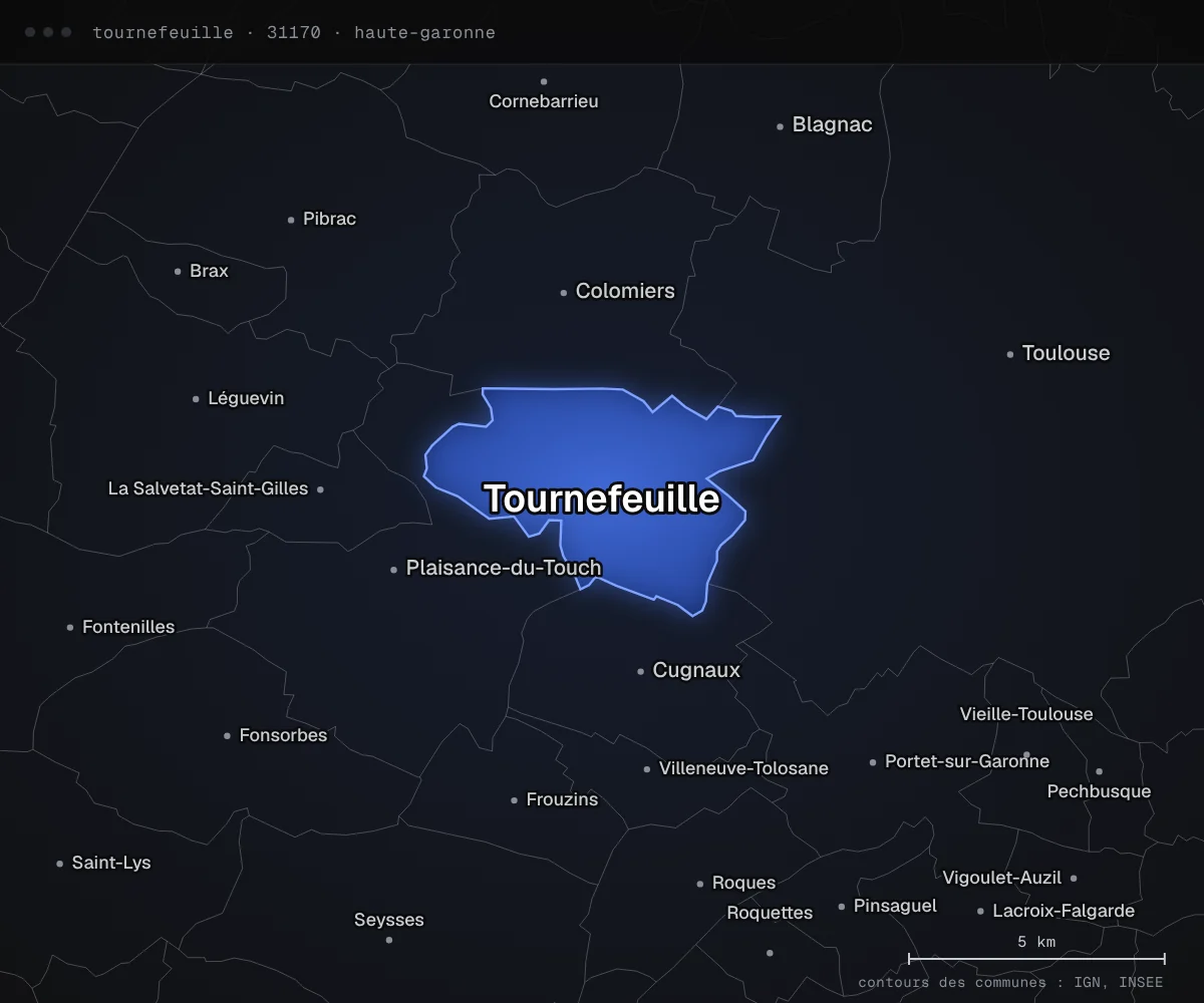 Carte de Tournefeuille et des communes voisines, dans le département de la Haute-Garonne