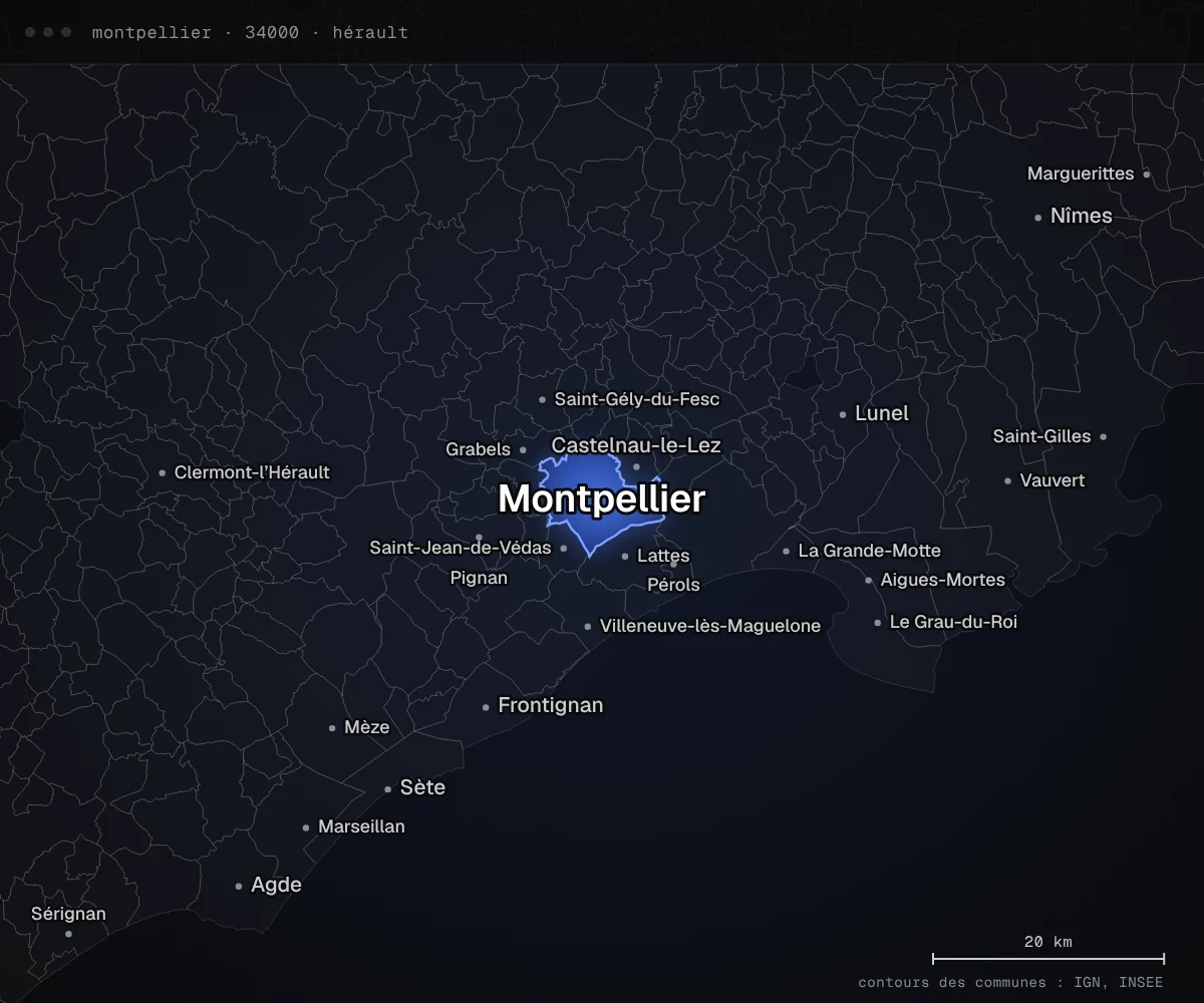 Carte des environs de Montpellier, dans le département de l’Hérault