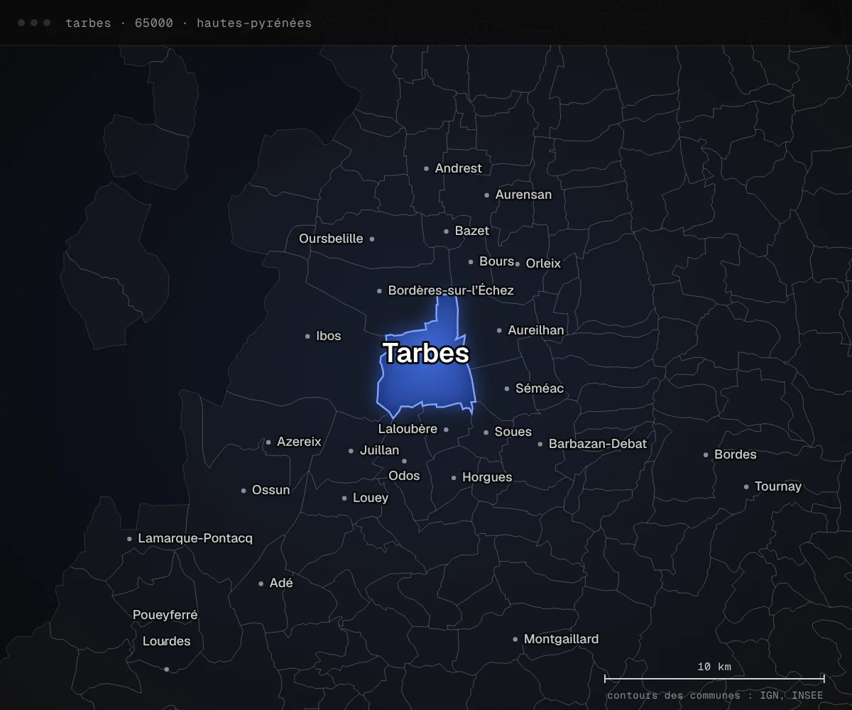 Carte des environs de Tarbes, dans le département des Hautes-Pyrénées