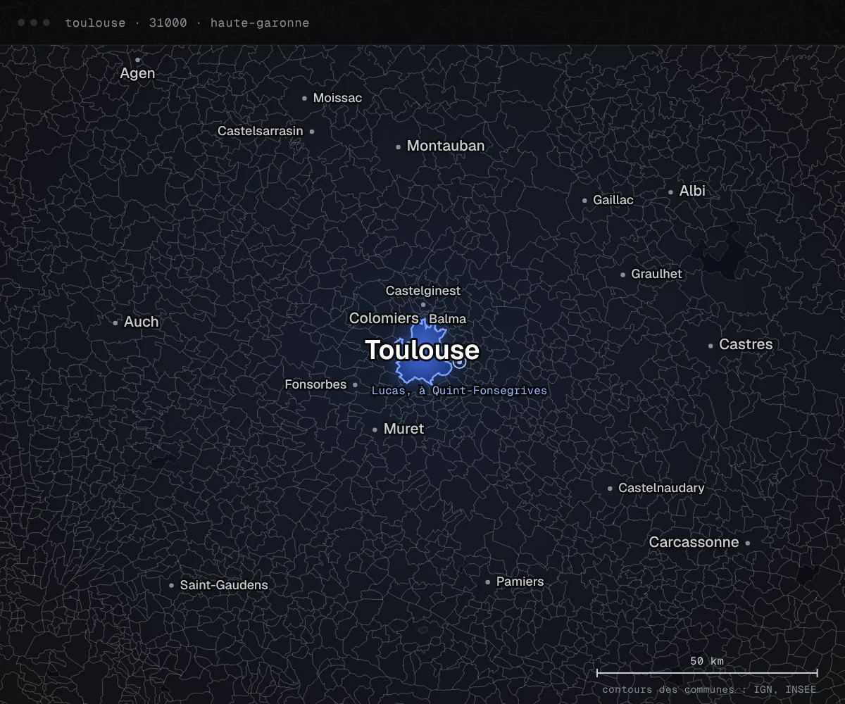 Carte des environs de Toulouse, dans le département de la Haute-Garonne