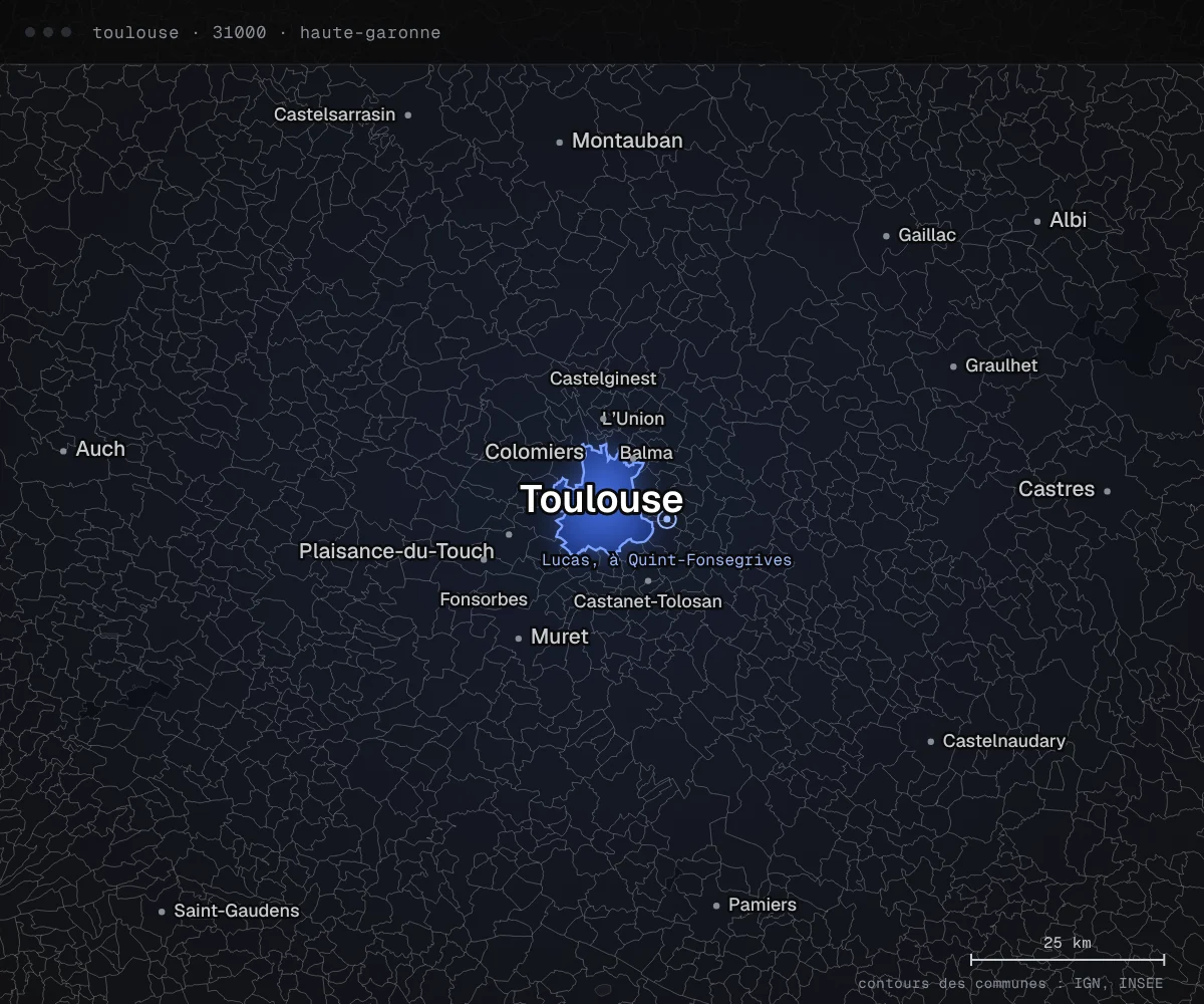 Carte des environs de Toulouse, dans le département de la Haute-Garonne